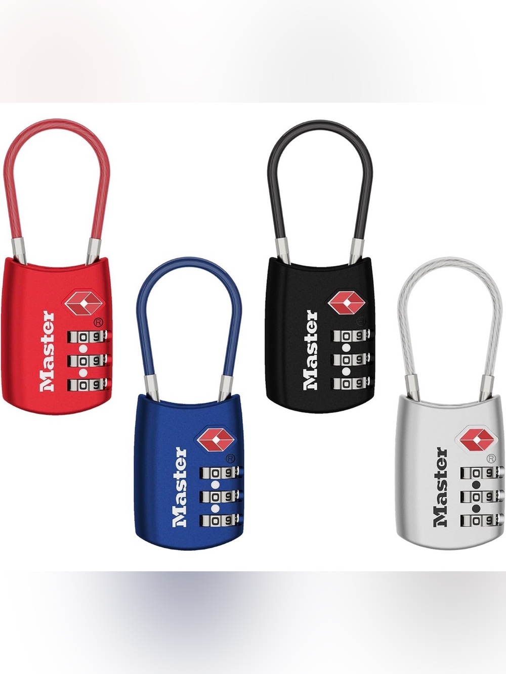 Masters TSA Combination Travel Locks - Red, Blue, Black, Silver (Set of 4)